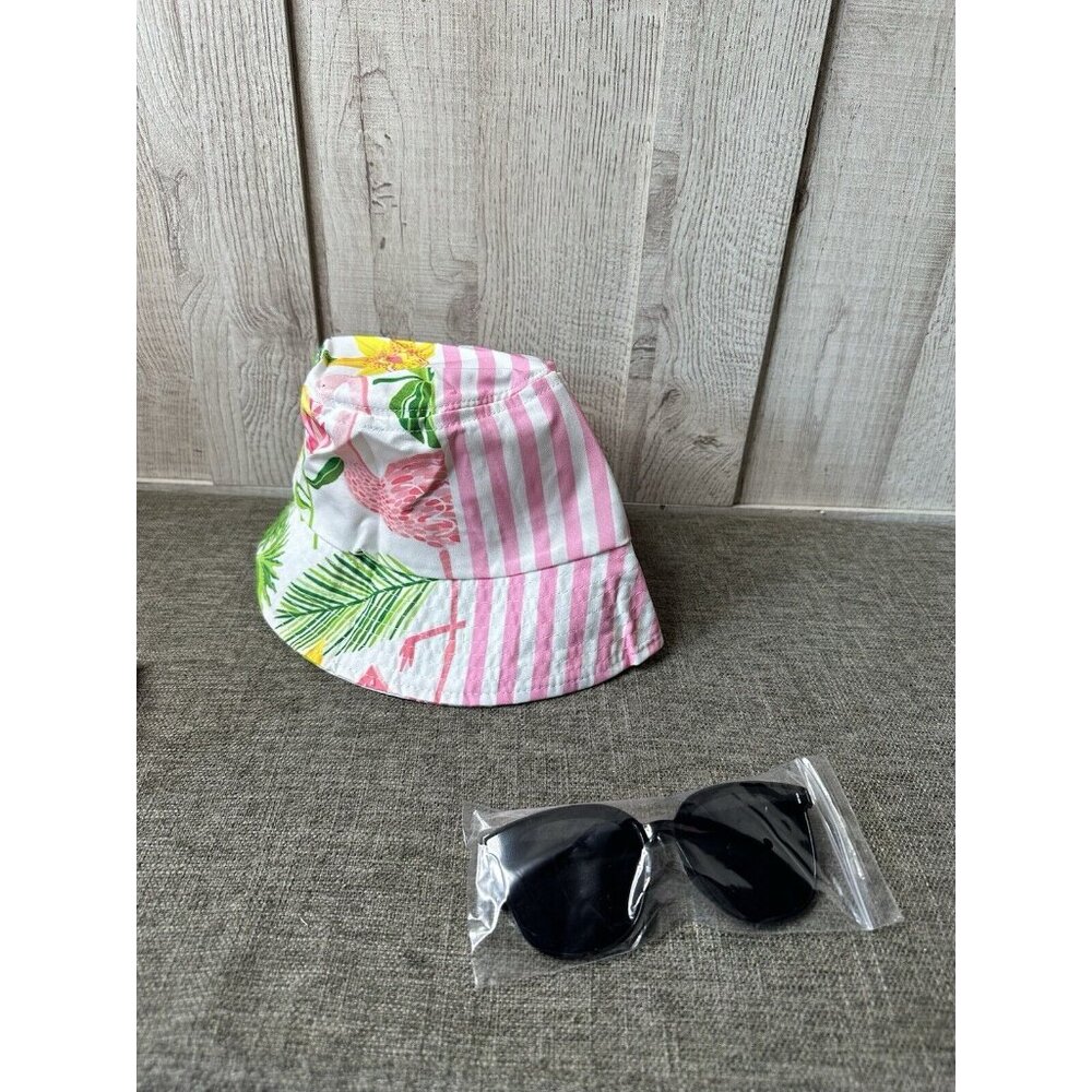 Hawaiian 4 pc Shirt Shorts Set Size XL w/ Bucket Hat & Sunglasses Beach Flamingo - Picture 6 of 8